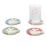 Hop to It Set of 4 Hand-Crafted Bunny with Pom-Pom Tail Coasters