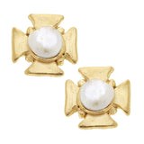 Susan Shaw: Gold Cross with Genuine Freshwater Pearl Pierced Earrings