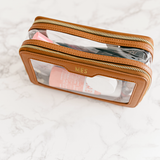 Clear Leather Double Zipper Pouch- Camel