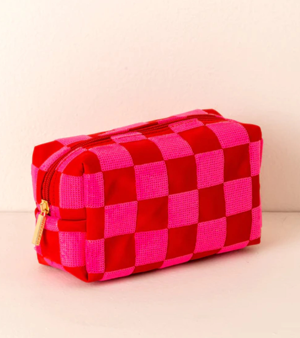Red and Pink Sequin Checkered Cosmetic Pouch