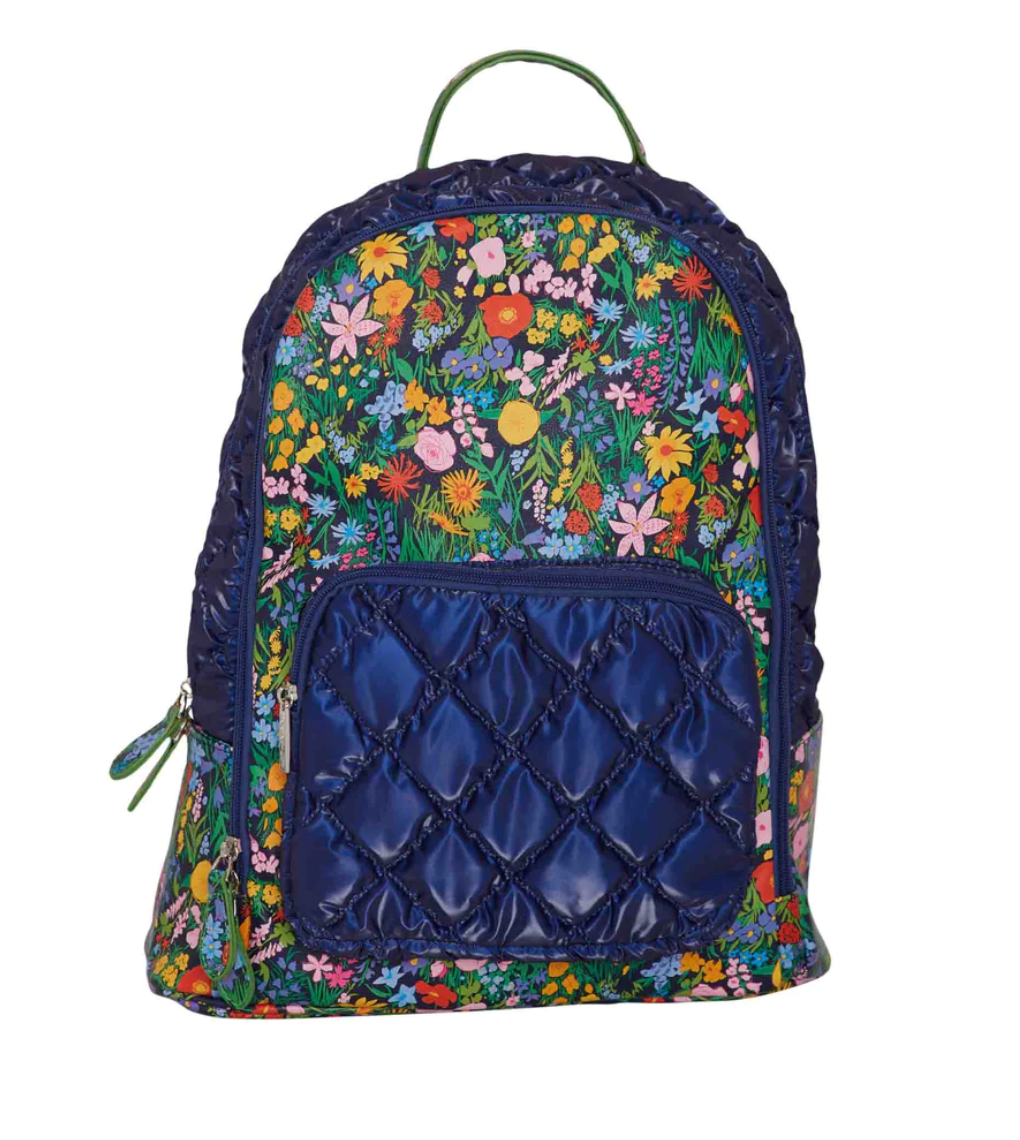 Navy Puffer and Floral Backpack