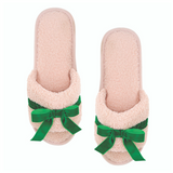 Teddy Velvet Bow - Light Pink & Green Bow Slippers