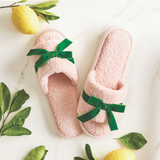 Teddy Velvet Bow - Light Pink & Green Bow Slippers