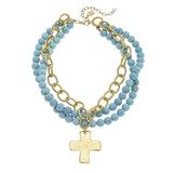 Susan Shaw: Gold Cross on 3 Row Genuine Matte Turquoise Necklace