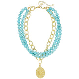 Susan Shaw: Gold Rope Oval Concho + 3 row Matte Turquoise Necklace