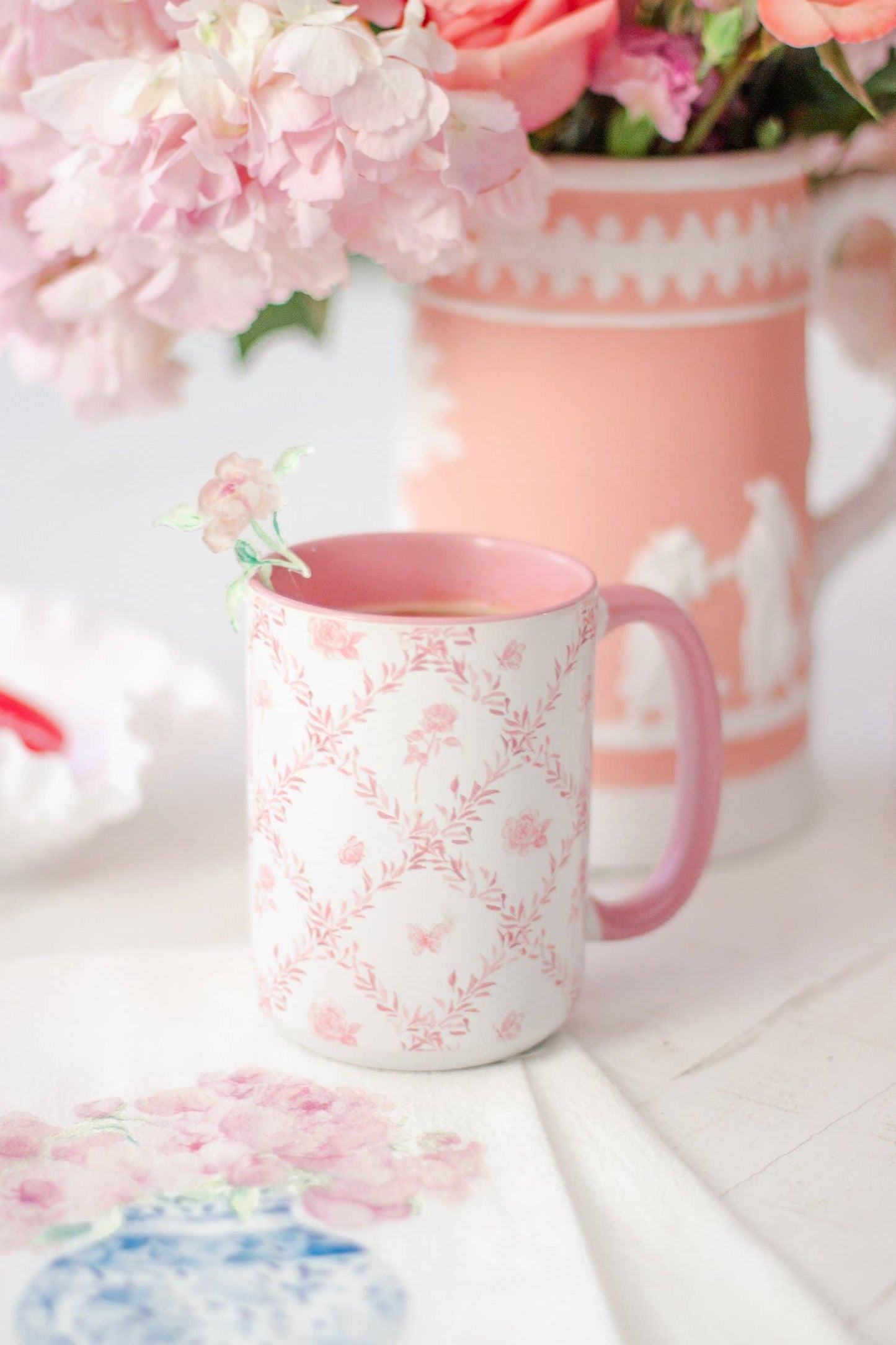 Pink Rosebud Trellis 15oz Tall Watercolor Mug