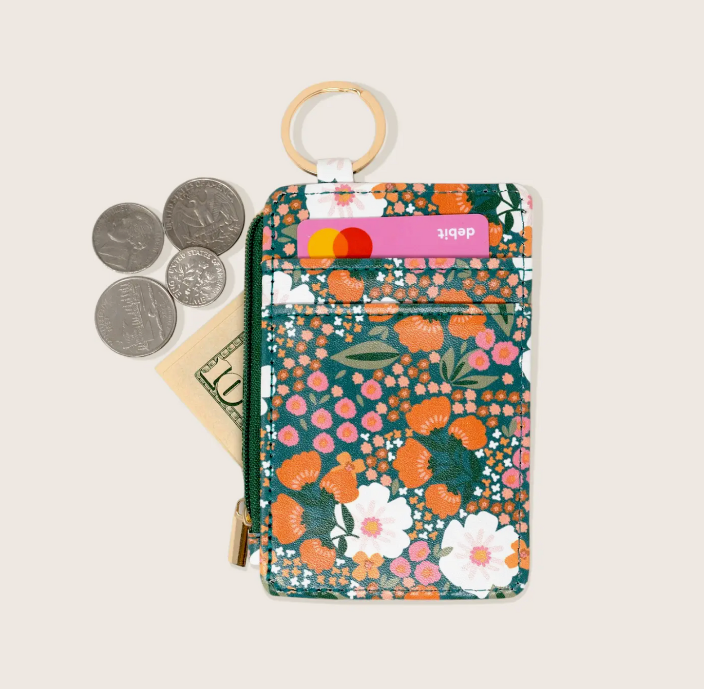 Sweet Meadow Keychain Card Wallet - Dark Green & Orange